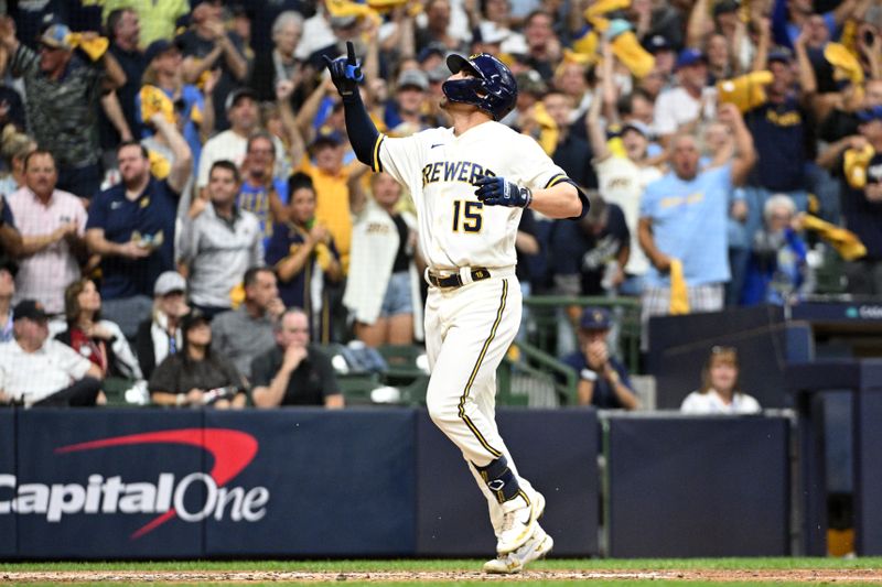 Oct 3, 2023; Milwaukee, Wisconsin, USA; Milwaukee Brewers right fielder Tyrone Taylor (15) runs after hitting a home run in the second inning against the Arizona Diamondbacks during game one of the Wildcard series for the 2023 MLB playoffs at American Family Field. Mandatory Credit: Michael McLoone-USA TODAY Sports