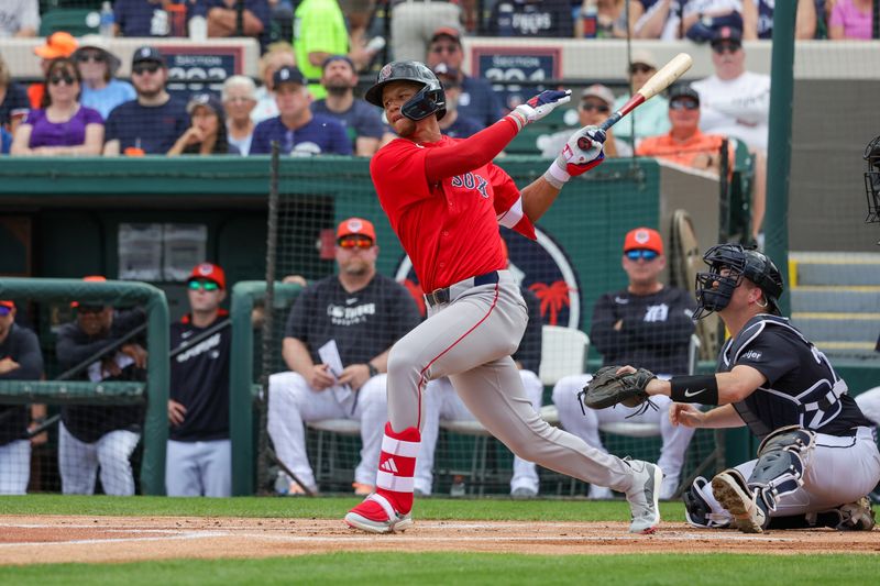 Feb 27, 2025; Lakeland, Florida, USA; Boston Red Sox second baseman Kristian Campbell (28) bats during the first inning against the Detroit Tigers at Publix Field at Joker Marchant Stadium. Mandatory Credit: Mike Watters-Imagn Images