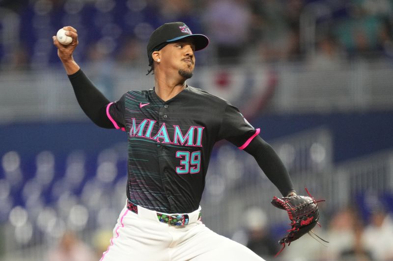 Mar 28, 2026; Miami, Florida, USA;  Miami Marlins starting pitcher Eury Perez (39) pitches against the Colorado Rockies in the first inning at loanDepot Park. Mandatory Credit: Jim Rassol-Imagn Images