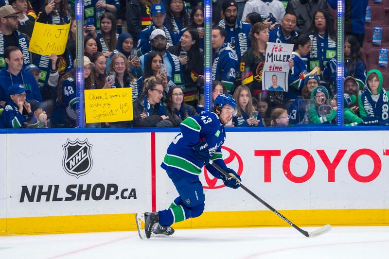 Oct 9, 2024; Vancouver, British Columbia, CAN; Vancouver Canucks defenseman Quinn Hughes (43) skates during warm up prior to a game against the Calgary Flames at Rogers Arena. Mandatory Credit: Bob Frid-Imagn Images