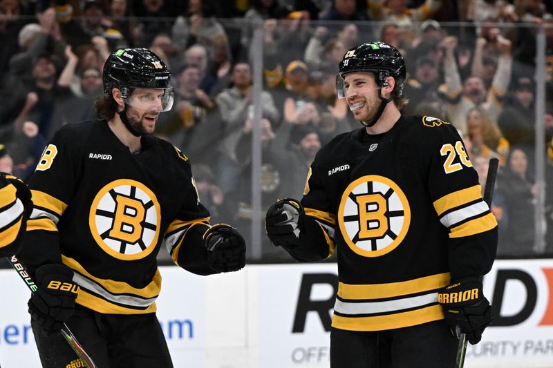 Jan 22, 2026; Boston, Massachusetts, USA; Boston Bruins center Elias Lindholm (28) celebrates with center Pavel Zacha (18) after scoring a goal against the Vegas Golden Knights during the first period at the TD Garden. Mandatory Credit: Brian Fluharty-Imagn Images