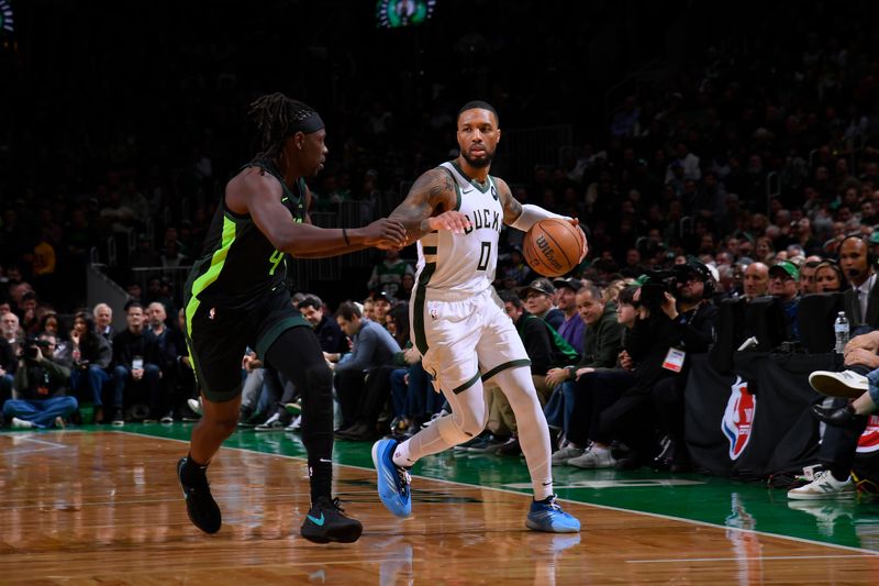 BOSTON, MA - DECEMBER 6: Damian Lillard #0 of the Milwaukee Bucks dribbles the ball during the game against the Boston Celtics on December 6, 2024 at TD Garden in Boston, Massachusetts. NOTE TO USER: User expressly acknowledges and agrees that, by downloading and/or using this Photograph, user is consenting to the terms and conditions of the Getty Images License Agreement. Mandatory Copyright Notice: Copyright 2024 NBAE (Photo by Brian Babineau/NBAE via Getty Images)