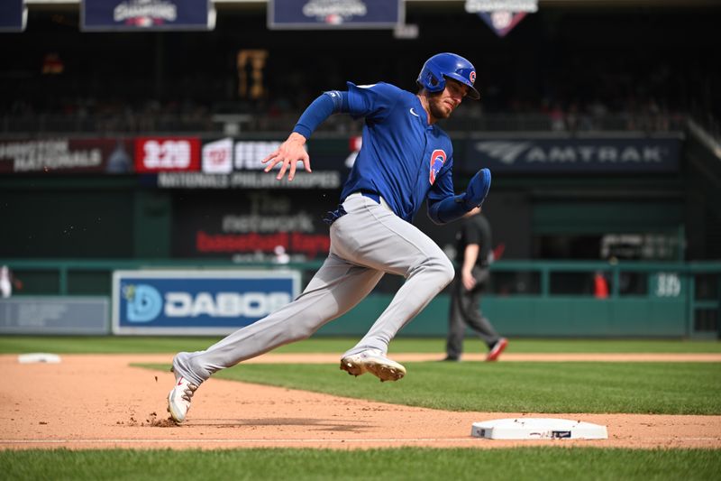 Sep 1, 2024; Washington, District of Columbia, USA; Chicago Cubs center fielder Cody Bellinger (24) rounds third base against the Washington Nationals during the seventh inning at Nationals Park. Mandatory Credit: Rafael Suanes-USA TODAY Sports