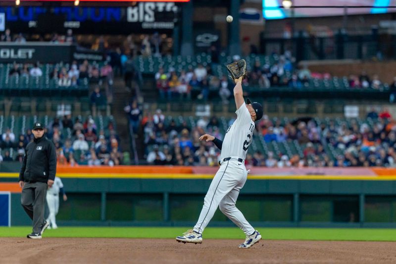 May 22, 2025; Detroit, Michigan, USA; Detroit Tigers first base Spencer Torkelson (20) catches a pop up hit by Cleveland Guardians outfielder Lane Thomas (not pictured) in the fourth inning at Comerica Park. Mandatory Credit: David Reginek-Imagn Images