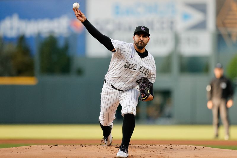 Apr 9, 2025; Denver, Colorado, USA; Colorado Rockies starting pitcher Antonio Senzatela (49) pitches in the first inning against the Milwaukee Brewers at Coors Field. Mandatory Credit: Isaiah J. Downing-Imagn Images