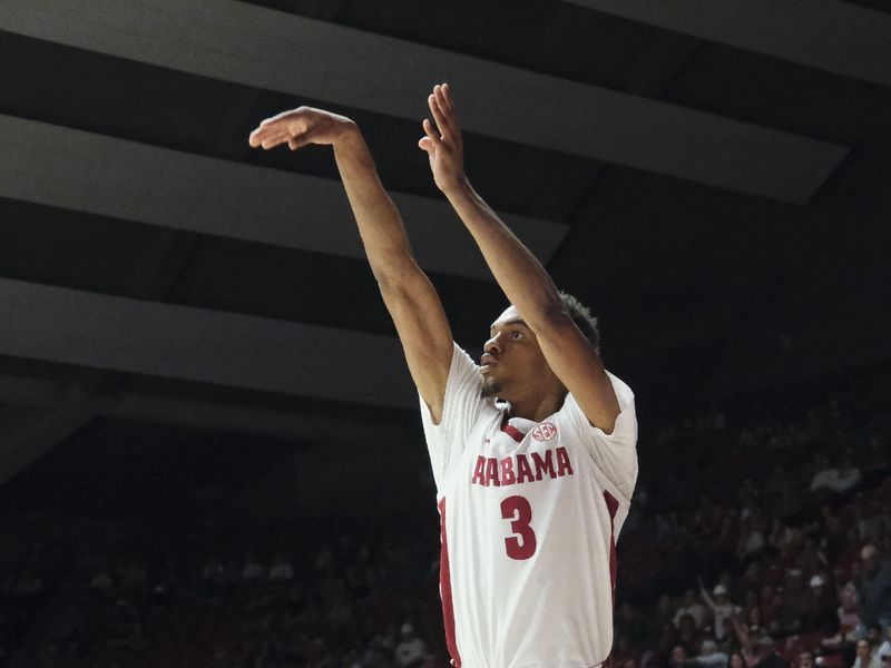 Dec 23, 2023; Tuscaloosa, Alabama, USA;  Alabama guard Rylan Griffen (3) shoots a three pointer against Eastern Kentucky at Coleman Coliseum. Mandatory Credit: Gary Cosby Jr.-USA TODAY Sports