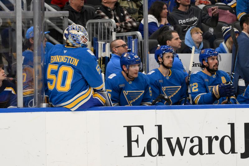 Jan 25, 2025; St. Louis, Missouri, USA; St. Louis Blues goaltender Jordan Binnington (50) looks on from the bench during the third period of a hockey game against the Dallas Stars at Enterprise Center. Mandatory Credit: Jeff Le-Imagn Images