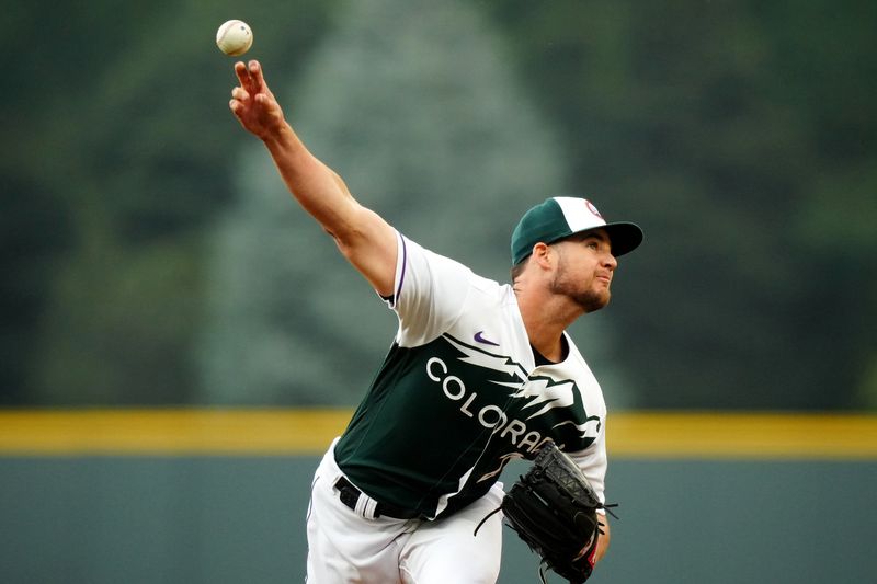 Jul 1, 2023; Denver, Colorado, USA; Colorado Rockies relief pitcher Peter Lambert (20) delivers a pitch in the first inning against the Detroit Tigers at Coors Field. Mandatory Credit: Ron Chenoy-USA TODAY Sports