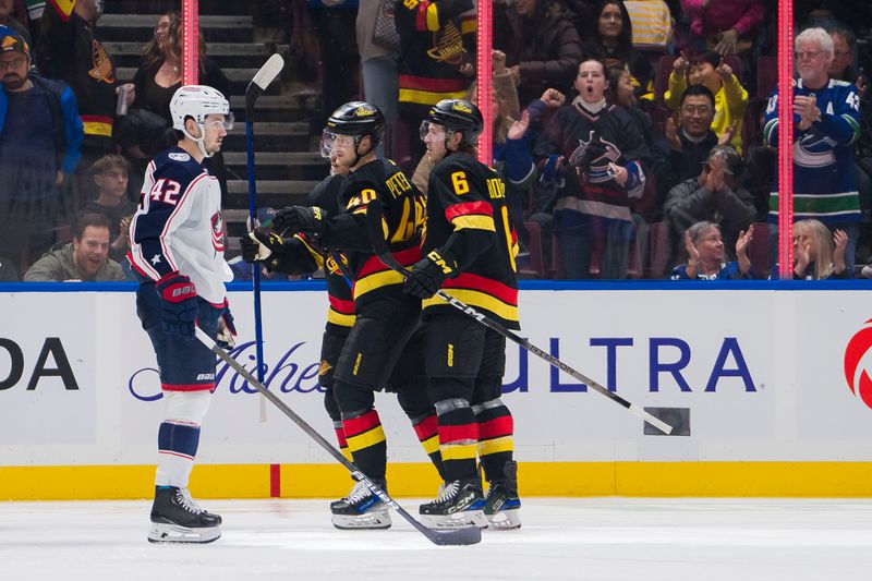 Jan 27, 2024; Vancouver, British Columbia, CAN; Columbus Blue Jackets forward Alexandre Texier (42) watches as Vancouver Canucks forward Brock Boeser (6) and forward Pius Suter (24) and forward Elias Pettersson (40) celebrate Pettersson s goal in the third period at Rogers Arena. Canucks won 5-4 in overtime. Mandatory Credit: Bob Frid-USA TODAY Sports