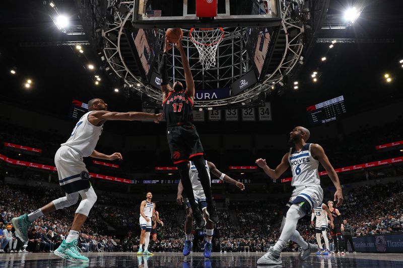 MINNEAPOLIS, MN -  APRIL 3:  Garrett Temple #17 of the Toronto Raptors grabs a rebound during the game against the Minnesota Timberwolves on April 3, 2024 at Target Center in Minneapolis, Minnesota. NOTE TO USER: User expressly acknowledges and agrees that, by downloading and or using this Photograph, user is consenting to the terms and conditions of the Getty Images License Agreement. Mandatory Copyright Notice: Copyright 2024 NBAE (Photo by Jordan Johnson/NBAE via Getty Images)