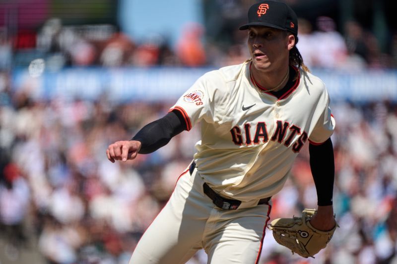 May 4, 2025; San Francisco, California, USA; San Francisco Giants pitcher Spencer Bivens (76) looks on after throwing a pitch against the Colorado Rockies during the eighth inning at Oracle Park. Mandatory Credit: Robert Edwards-Imagn Images
