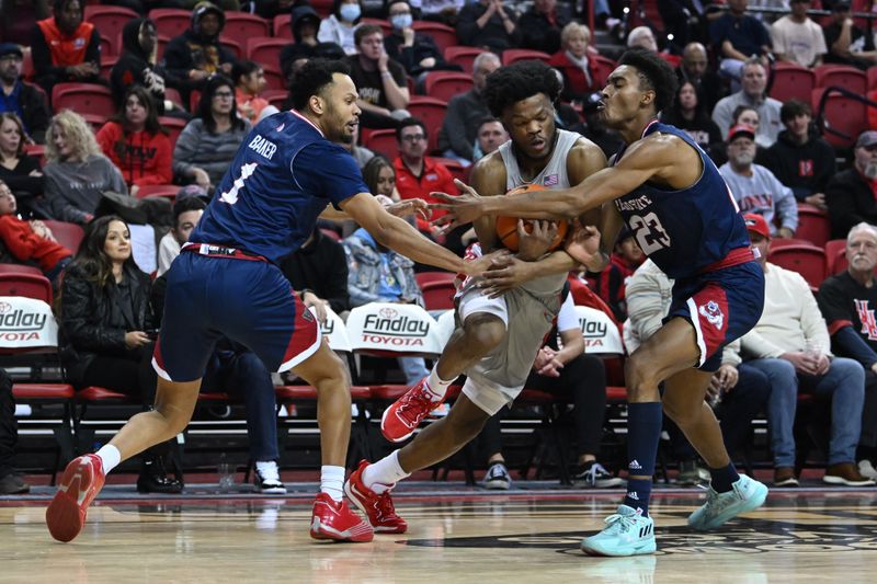 Feb 3, 2023; Las Vegas, Nevada, USA; UNLV Runnin' Rebels guard EJ Harkless (55) is defended by Fresno State Bulldogs guard Jermarl Baker (1) and forward Leo Colimerio (23) in the first half at Thomas & Mack Center. Mandatory Credit: Candice Ward-USA TODAY Sports