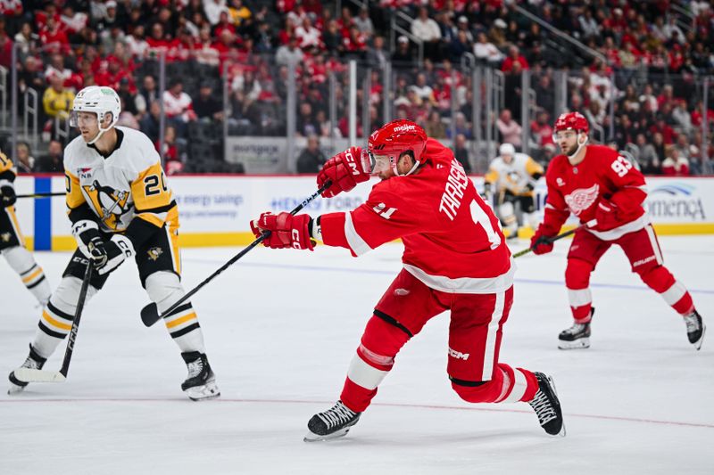 Oct 10, 2024; Detroit, Michigan, USA; Detroit Red Wings right wing Vladimir Tarasenko (11) scores a goal during the second period against the Pittsburgh Penguins at Little Caesars Arena. Mandatory Credit: Tim Fuller-Imagn Images