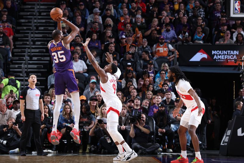 PHOENIX, AZ - MARCH 7: Kevin Durant #35 of the Phoenix Suns shoots the ball during the game against the Toronto Raptors on March 7, 2024 at Footprint Center in Phoenix, Arizona. NOTE TO USER: User expressly acknowledges and agrees that, by downloading and or using this photograph, user is consenting to the terms and conditions of the Getty Images License Agreement. Mandatory Copyright Notice: Copyright 2024 NBAE (Photo by Jeff Haynes/NBAE via Getty Images)