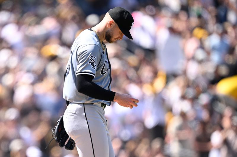 Sep 22, 2024; San Diego, California, USA; Chicago White Sox starting pitcher Sean Burke (59) reacts as San Diego Padres left fielder Jurickson Profar (not pictured) rounds the bases after hitting a home run during the third inning at Petco Park. Mandatory Credit: Orlando Ramirez-Imagn Images