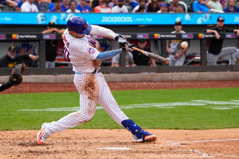 Aug 16, 2023; New York City, New York, USA; New York Mets first baseman Pete Alonso (20) hits a home run against the Pittsburgh Pirates during the seventh inning at Citi Field. Mandatory Credit: Gregory Fisher-USA TODAY Sports