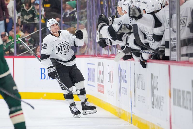 Nov 5, 2024; Saint Paul, Minnesota, USA; Los Angeles Kings left wing Kevin Fiala (22) celebrates his goal against the Minnesota Wild in the second period at Xcel Energy Center. Mandatory Credit: Brad Rempel-Imagn Images