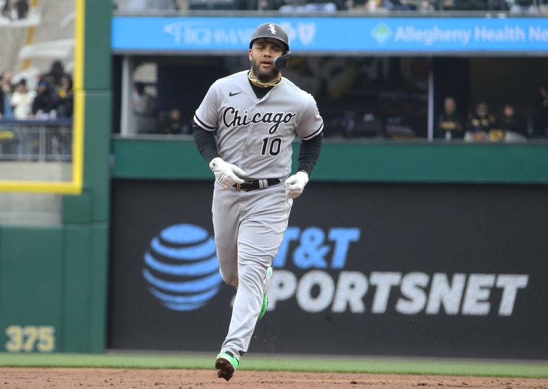 Apr 7, 2023; Pittsburgh, Pennsylvania, USA;  Chicago White Sox third baseman Yoan Moncada (10) runs the bases on his way to scoring a run against the Pittsburgh Pirates during the third inning at PNC Park. Mandatory Credit: Charles LeClaire-USA TODAY Sports