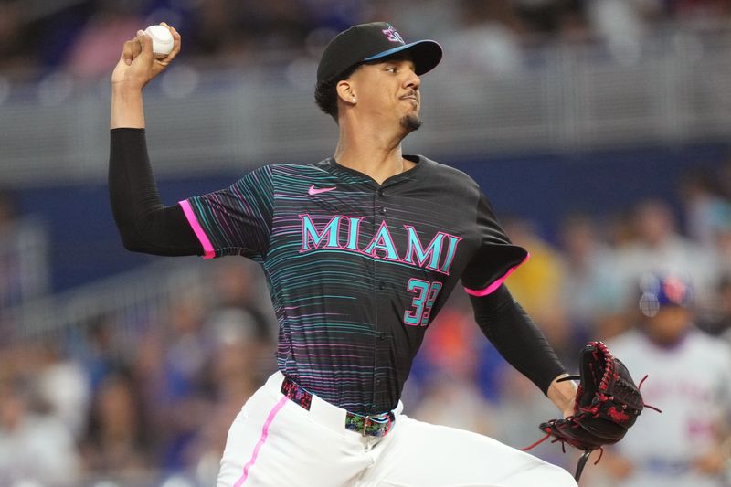Sep 27, 2025; Miami, Florida, USA; Miami Marlins pitcher Eury Pérez (39) pitches in the first inning against the New York Mets at loanDepot Park. Mandatory Credit: Jim Rassol-Imagn Images