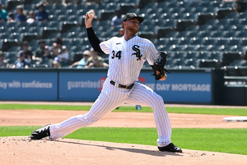 Aug 23, 2023; Chicago, Illinois, USA;  Chicago White Sox starting pitcher Michael Kopech (34) delivers against the Seattle Mariners during the first inning at Guaranteed Rate Field. Mandatory Credit: Matt Marton-USA TODAY Sports