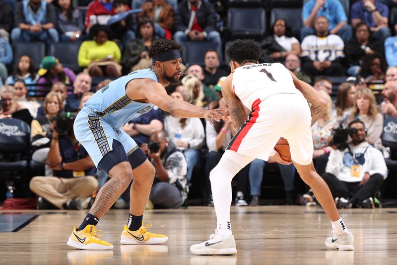 MEMPHIS, TN - MARCH 2: Jordan Goodwin #4 of the Memphis Grizzlies plays defense during the game against the Portland Trail Blazers on March 2, 2024 at FedExForum in Memphis, Tennessee. NOTE TO USER: User expressly acknowledges and agrees that, by downloading and or using this photograph, User is consenting to the terms and conditions of the Getty Images License Agreement. Mandatory Copyright Notice: Copyright 2024 NBAE (Photo by Joe Murphy/NBAE via Getty Images)