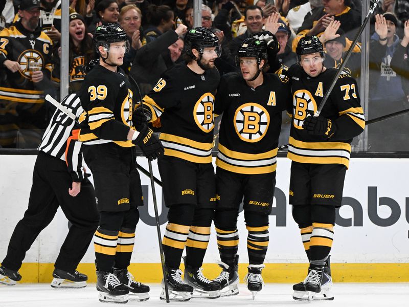 Nov 11, 2025; Boston, Massachusetts, USA; Boston Bruins center Pavel Zacha (18) celebrates with his teammates after scoring a goal against the Toronto Maple Leafs during the first period at the TD Garden. Mandatory Credit: Brian Fluharty-Imagn Images