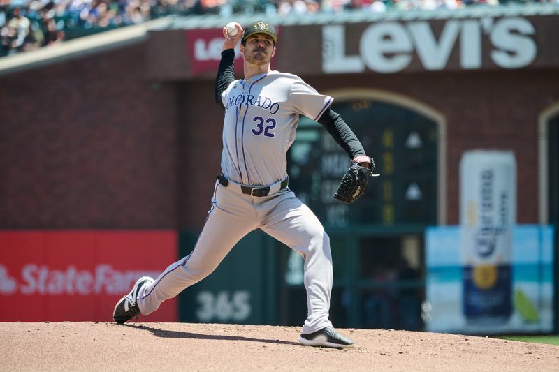 May 19, 2024; San Francisco, California, USA; Colorado Rockies starting pitcher Dakota Hudson (32) throws a pitch against the San Francisco Giants during the first inning at Oracle Park. Mandatory Credit: Robert Edwards-USA TODAY Sports