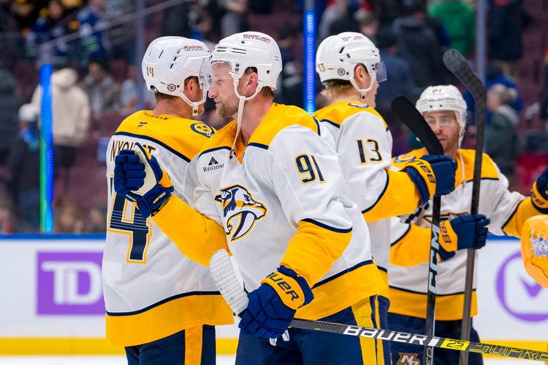 Nov 17, 2024; Vancouver, British Columbia, CAN; Nashville Predators forward Steven Stamkos (91) celebrates the victory against the Vancouver Canucks at Rogers Arena. Mandatory Credit: Bob Frid-Imagn Images