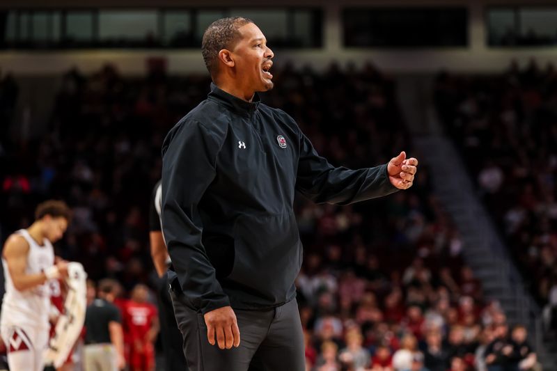 Feb 4, 2023; Columbia, South Carolina, USA; South Carolina Gamecocks head coach Lamont Paris directs his team against the Arkansas Razorbacks in the first half at Colonial Life Arena. Mandatory Credit: Jeff Blake-USA TODAY Sports