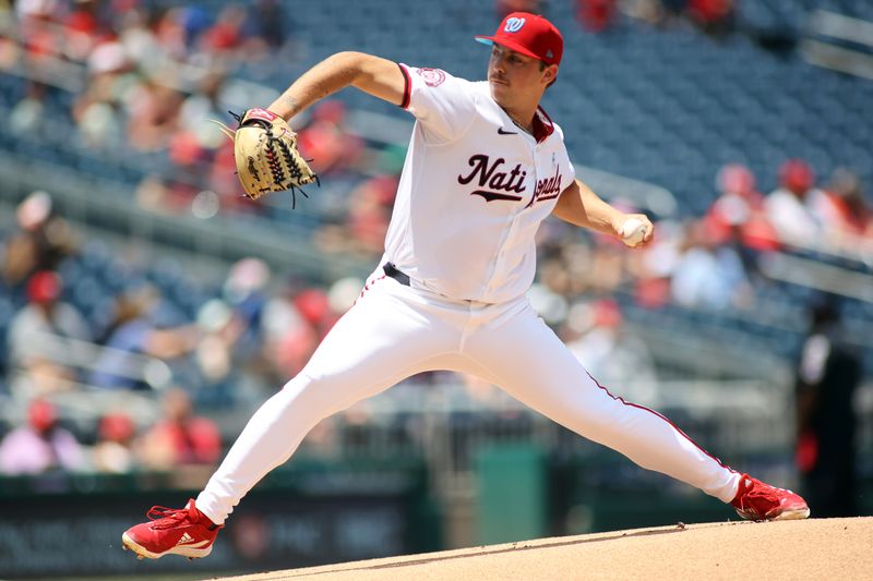 Jun 16, 2024; Washington, District of Columbia, USA; Washington Nationals pitcher Mitchell Parker (70) throws a pitch in the first inning during a game against the Miami Marlins at Nationals Park. Mandatory Credit: Daniel Kucin Jr.-USA TODAY Sports