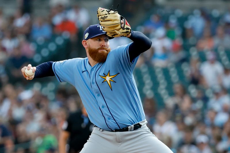 Aug 4, 2023; Detroit, Michigan, USA;  Tampa Bay Rays assistant pitching and rehab coach Rick Knapp (52) pitches in the first inning against the Detroit Tigers at Comerica Park. Mandatory Credit: Rick Osentoski-USA TODAY Sports