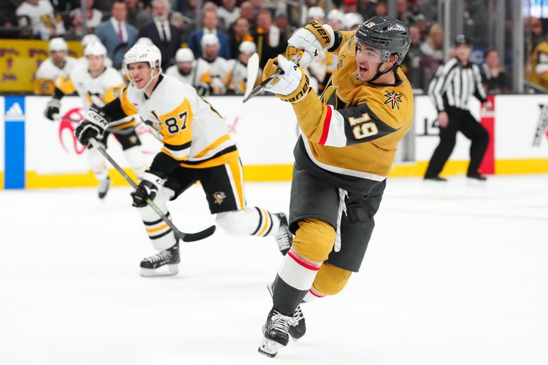 Jan 20, 2024; Las Vegas, Nevada, USA; Vegas Golden Knights center Brendan Brisson (19) scores his first career NHL goal against the Pittsburgh Penguins during the third period at T-Mobile Arena. Mandatory Credit: Stephen R. Sylvanie-USA TODAY Sports