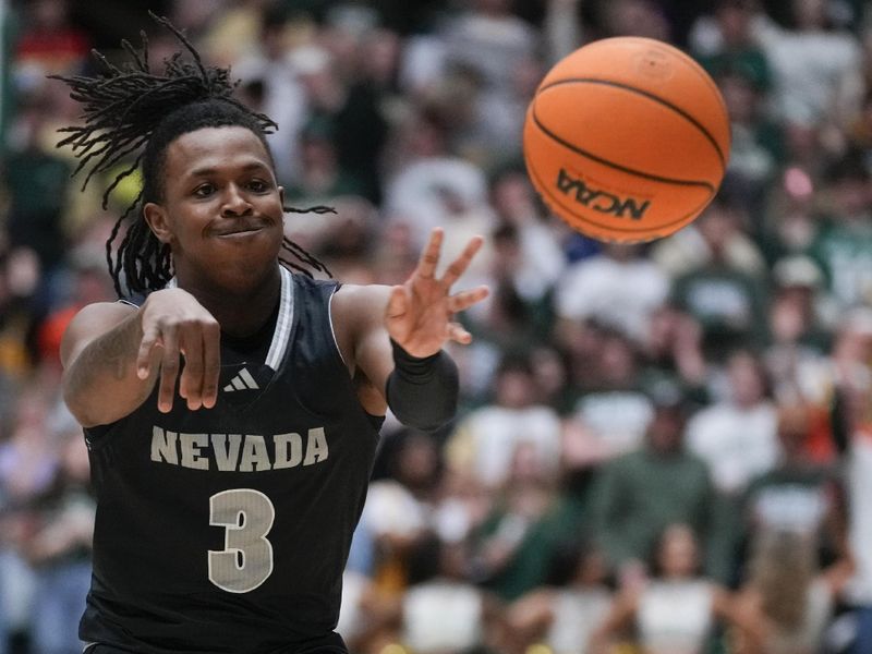 Feb 27, 2024; Fort Collins, Colorado, USA; Nevada Wolf Pack guard Tyler Rolison (3) passes the ball against the Colorado State Rams at Moby Arena. Mandatory Credit: Michael Madrid-USA TODAY Sports