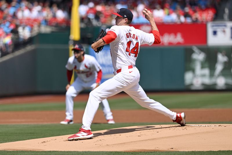 Apr 7, 2024; St. Louis, Missouri, USA; St. Louis Cardinals pitcher Kyle Gibson (44) pitches against the Miami Marlins during the first inning at Busch Stadium. Mandatory Credit: Jeff Le-USA TODAY Sports