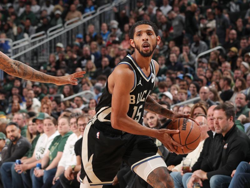 MILWAUKEE, WI - JANUARY 27:  Cameron Payne #15 of the Milwaukee Bucks handles the ball during the game  on January 27, 2024 at the Fiserv Forum Center in Milwaukee, Wisconsin. NOTE TO USER: User expressly acknowledges and agrees that, by downloading and or using this Photograph, user is consenting to the terms and conditions of the Getty Images License Agreement. Mandatory Copyright Notice: Copyright 2024 NBAE (Photo by Gary Dineen/NBAE via Getty Images).