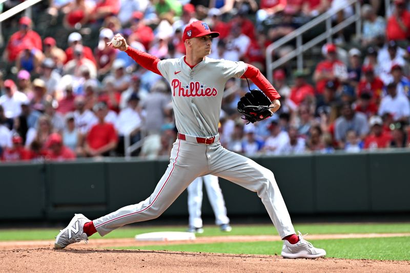 Mar 3, 2024; North Port, Florida, USA;Philadelphia Phillies pitcher Connor Brogdon (75) throws a pitch in the first inning of the spring training game against the Atlanta Braves at CoolToday Park. Mandatory Credit: Jonathan Dyer-USA TODAY Sports