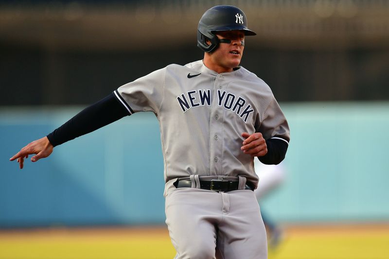 Jun 4, 2023; Los Angeles, California, USA; New York Yankees first baseman Anthony Rizzo (48) stops at third against the Los Angeles Dodgers during the eighth inning at Dodger Stadium. Mandatory Credit: Gary A. Vasquez-USA TODAY Sports