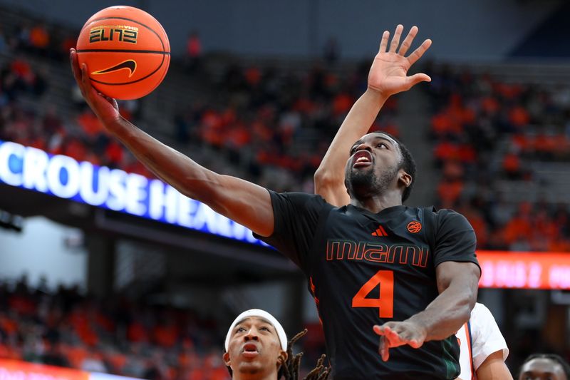 Jan 20, 2024; Syracuse, New York, USA; Miami (Fl) Hurricanes guard Bensley Joseph (4) shoots the ball against the Syracuse Orange during the first half at the JMA Wireless Dome. Mandatory Credit: Rich Barnes-USA TODAY Sports