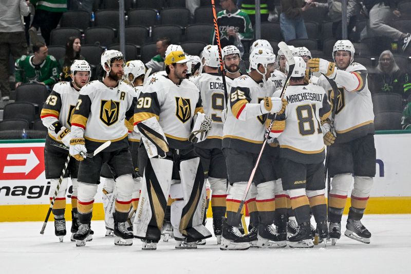 Dec 9, 2023; Dallas, Texas, USA; The Vegas Golden Knights defenseman Zach Whitecloud (2) skate off the ice after the Vegas defeats the Dallas Stars at the American Airlines Center. Mandatory Credit: Jerome Miron-USA TODAY Sports