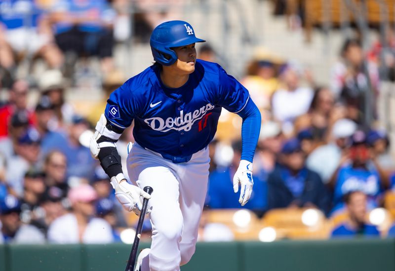 Mar 3, 2024; Phoenix, Arizona, USA; Los Angeles Dodgers designated hitter Shohei Ohtani against the Colorado Rockies during a spring training game at Camelback Ranch-Glendale. Mandatory Credit: Mark J. Rebilas-USA TODAY Sports