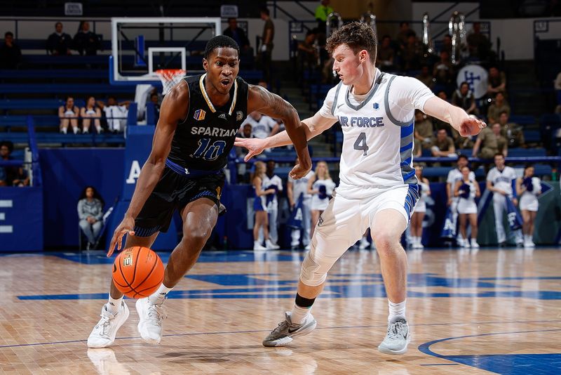 Mar 4, 2023; Colorado Springs, Colorado, USA; San Jose State Spartans guard Omari Moore (10) drives to the basket against Air Force Falcons guard Carter Murphy (4) in the first half at Clune Arena. Mandatory Credit: Isaiah J. Downing-USA TODAY Sports