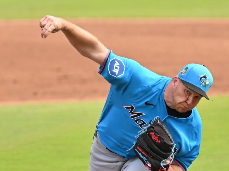 Feb 26, 2026; Dunedin, Florida, USA;  Florida Marlins relief pitcher Ryan Gusto (65) throws a pitch in the second inning against the Toronto Blue Jays during spring training at TD Ballpark. Mandatory Credit: Jonathan Dyer-Imagn Images