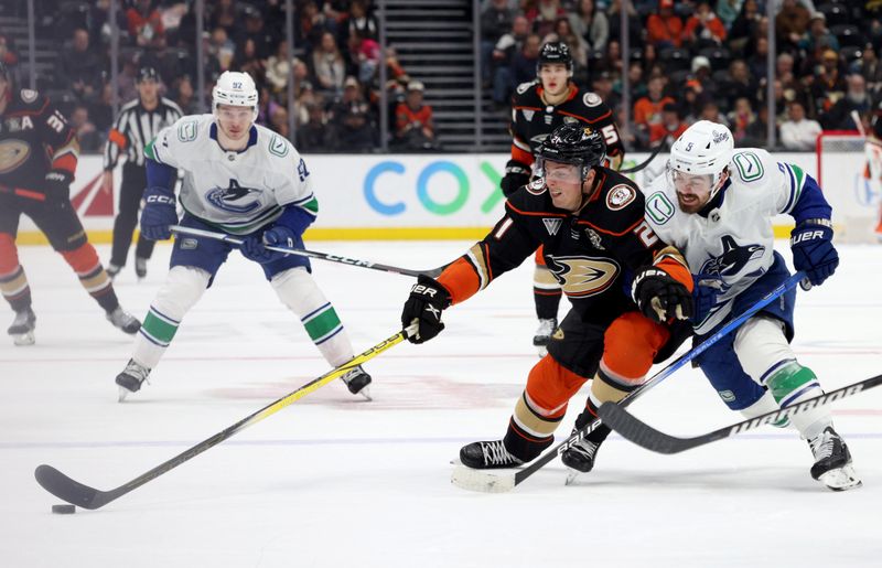 Mar 3, 2024; Anaheim, California, USA; Anaheim Ducks center Isac Lundestrom (21) battles with Vancouver Canucks right wing Conor Garland (8) during the second period at Honda Center. Mandatory Credit: Jason Parkhurst-USA TODAY Sports