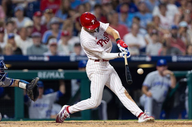 Aug 5, 2023; Philadelphia, Pennsylvania, USA; Philadelphia Phillies shortstop Trea Turner (7) hits an RBI double during the eighth inning against the Kansas City Royals at Citizens Bank Park. Mandatory Credit: Bill Streicher-USA TODAY Sports