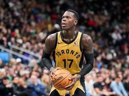 TORONTO, ON - NOVEMBER 24: Dennis Schroder #17 of Toronto Raptors shoots a free throw against the Chicago Bulls during the first half of their NBA In-Season Tournament game at the Scotiabank Arena on November 24, 2023 in Toronto, Ontario, Canada. NOTE TO USER: User expressly acknowledges and agrees that, by downloading and/or using this Photograph, user is consenting to the terms and conditions of the Getty Images License Agreement. (Photo by Mark Blinch/Getty Images)