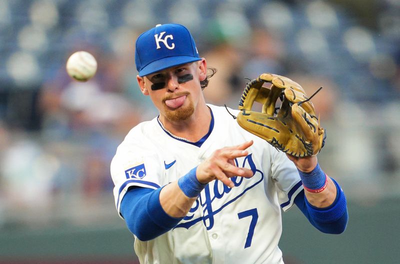 May 20, 2024; Kansas City, Missouri, USA; Kansas City Royals shortstop Bobby Witt Jr. (7) throws to first base during the fifth inning against the Detroit Tigers at Kauffman Stadium. Mandatory Credit: Jay Biggerstaff-USA TODAY Sports