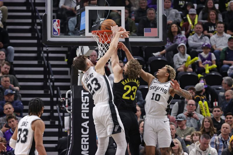 SALT LAKE CITY, UT - MARCH 27: Lauri Markkanen #23 of the Utah Jazz dunks the ball during the game against the San Antonio Spurs on March 27, 2024 at Delta Center in Salt Lake City, Utah. NOTE TO USER: User expressly acknowledges and agrees that, by downloading and or using this Photograph, User is consenting to the terms and conditions of the Getty Images License Agreement. Mandatory Copyright Notice: Copyright 2024 NBAE (Photo by Chris Nicoll/NBAE via Getty Images)