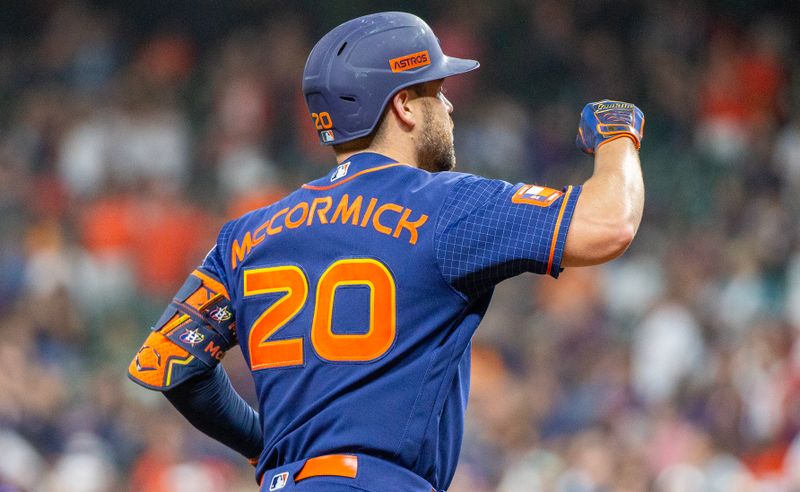 Aug 21, 2023; Houston, Texas, USA; Houston Astros left fielder Chas McCormick (20) celebrates his home run against the Boston Red Sox in the eighth inning at Minute Maid Park. Mandatory Credit: Thomas Shea-USA TODAY Sports