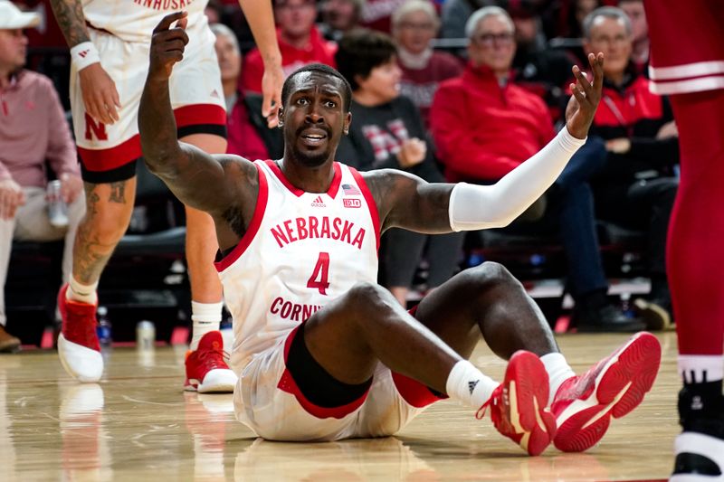 Jan 3, 2024; Lincoln, Nebraska, USA; Nebraska Cornhuskers forward Juwan Gary (4) reacts after a play against the Indiana Hoosiers during the first half at Pinnacle Bank Arena. Mandatory Credit: Dylan Widger-USA TODAY Sports