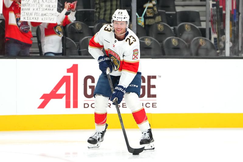 Nov 10, 2025; Las Vegas, Nevada, USA; Florida Panthers center Carter Verhaeghe (23) warms up before a game against the Vegas Golden Knights at T-Mobile Arena. Mandatory Credit: Stephen R. Sylvanie-Imagn Images